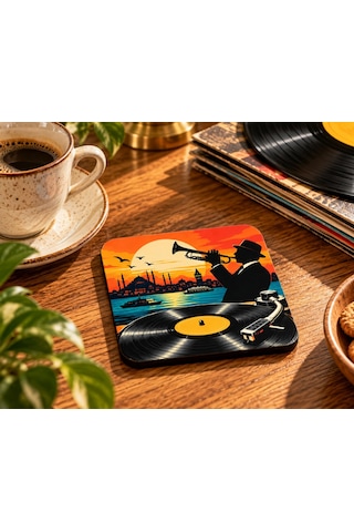 Caz Ve Plak Temalı Dekoratif Mdf Bardak Altlığı 10x10 Cm Çok Renkli