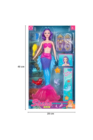 Sasha Deniz Kızı Oyuncak Bebek - Aksesuarlı, Taraklı, Hazine Sandıklı Büyük Set 40 Cm Mor