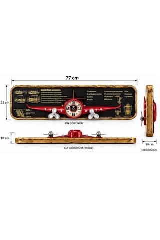 Nostaljik Uçak Temalı Kırmızı Pano Saat - 77 Cm