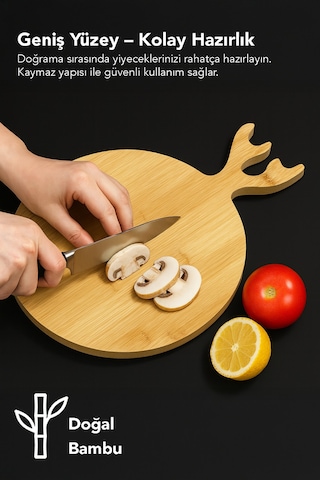Yuvarlak Bambu Kesme Tahtası - Geyik Model Servis Sunum Tahtası Sunumluk Kesim Panosu 36x26 Cm Bej