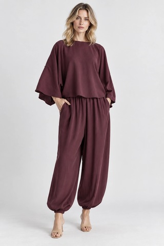 Mevese Rahat Kesim Modal Takım - Yarasa Kol Oversize Bluz Ve Geniş Paça Şalvar Pantolon - Mürdüm