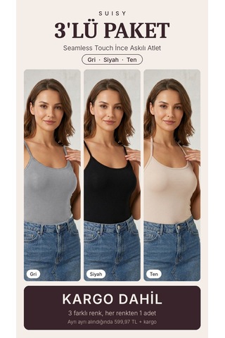 Suısy Seamless Touch İnce Askılı Atlet 3'lü Paket Gri - Siyah - Ten Çok Renkli