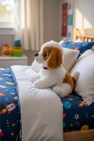 Sesli Havlayan Yavru Köpek Peluş Oyuncak 25 Cm Mavi İri Gözlü - Hediye Ve Uyku Arkadaşı Beyaz