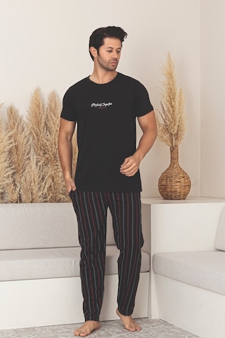 Dreamy Pamuklu Cepli Kısa Kollu Çizgili Erkek Pijama Takımı Siyah