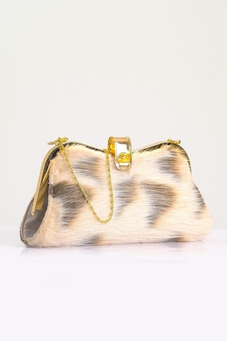 Keyifli Moda Kadın Bej Desenli Suni Kürk Zincirli El Ve Omuz Clutch Portföy Çanta - Bej