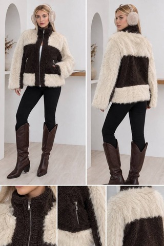 Moda Banuş Lolita Garni Detay Kuzu Mont Kahverengi Kahverengi