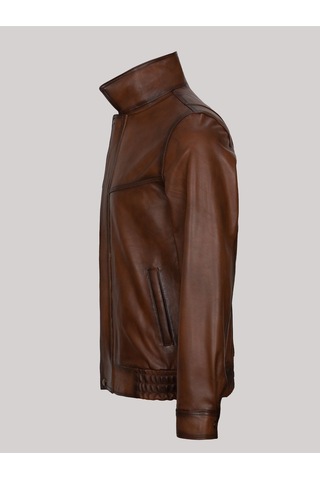 Hakiki Kuzu Derisi Fermuarlı Cepli Erkek Deri Mont Taba Taba