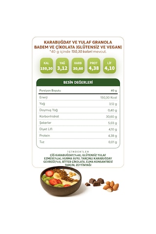 Glutensiz Fabrika Badem ve Çikolatalı Yulaf Karabuğday Granola 300 G