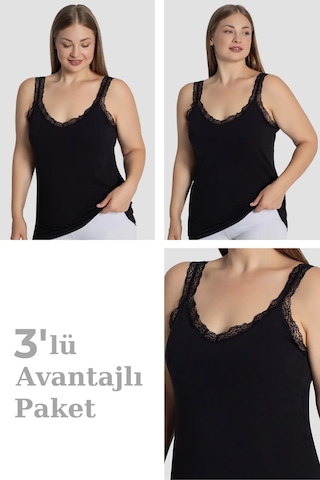 Floranova Premium Stil Model Ürün Kadın Büyük Beden Pamuklu Dantelli Atlet 3'lü Paket Siyah-3