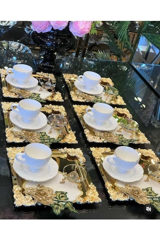 Atabey Home Collection 6'lı Kahve & Çay & Sunum Tepsisi Metal Döküm Gold Tepsi Gül Model