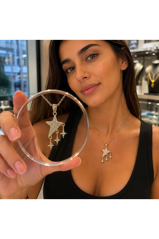 Zirkon Taşlı Sallantılı Gold Çelik Kolye