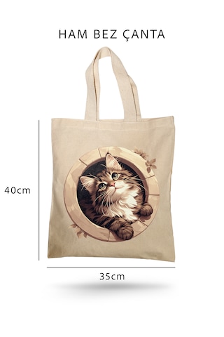 Lunora Collectıon Kedi Baskılı Ham Bez Çanta Ham Renk