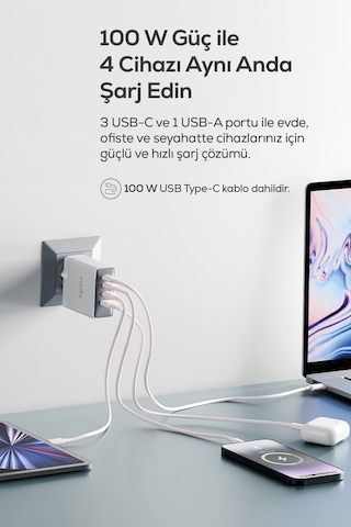 Hızlı Şarj Adaptörü 100w Gan + Type-c Kablo 100w Pd 4 Port, İphone & Samsung Uyumlu V0102014