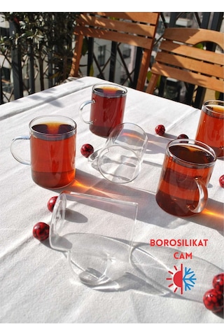 6lı Borosılıkat Cam Kupa Çay Bardak 200 Ml Kulplu Çay Bardağı Sade Şeffaf