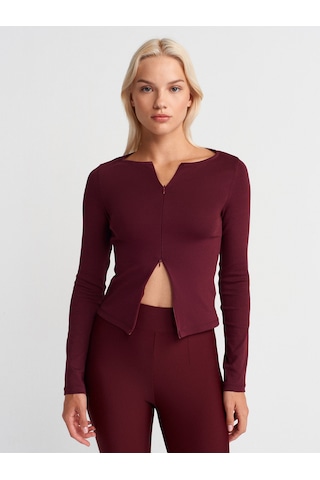 Dilvin 31993 Fermuar Detaylı Uzun Kollu Top-bordo Bordo