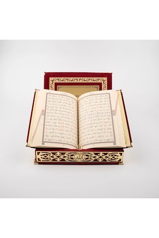 Raşel Kutulu Hediyelik Kuran-ı Kerim Orta Boy, Bordo, Elif-vav Gold Pleksi