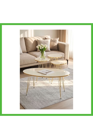 Vaveni Zigon Sehpa Ve Orta Sehpa Elips Set Gold Krem Tel Arz
