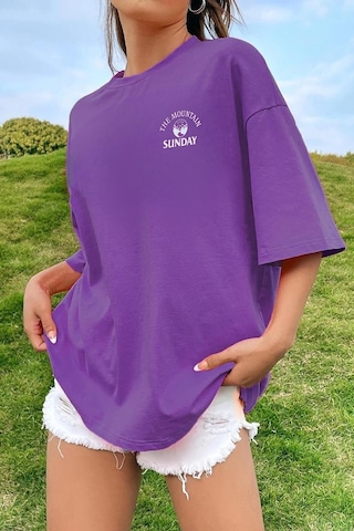 Sunday Mountain T-shirt - Mor Baskılı Oversize Bisiklet Yaka Kısa Kol Tişört Mor