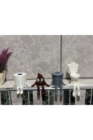 3dprototürk 4'lü Eğlenceli Banyo Dekoratif Figür Seti /tuvalet Kağıdı, Kaka Emojisi, Çöp Kovası, Klozet Aksesua
