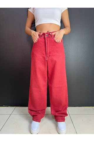 St.poll Vintage Eskitme Yıkama Unisex Baggy Jean Pantolon Vintage Kırmızı