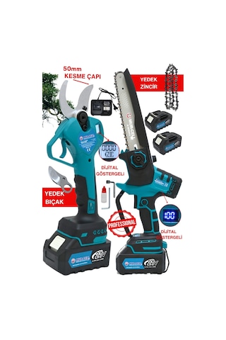 Dijital Göstergeli 2li Set A Plus 21v 3ah 50mm Budama Makası Kömürsüz Budama Testeresi