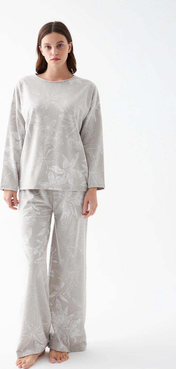 Akbeniz Kadın Oversize Gri Çiçek Desenli Pamuklu Kalın Pijama Takımı Gri