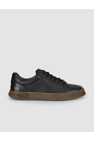 Cabani Hakiki Deri Kahverengi Bağcıklı Erkek Sneaker Ayakkabı Siyah