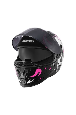 Scoyco Double Ve Güneş Vizörlü Full Face Kask Beyaz Siyah Pembe