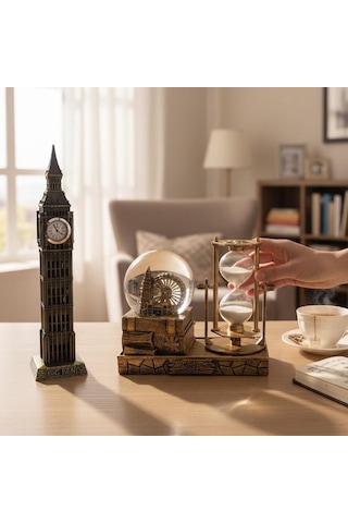 Kişiye Özel Big Ben Saatli Kum Saati Ve Bıg Ben Kar Küresi Dekoratif Masaüstü Hediye Seti