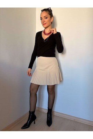 Ali Butik Krem Altı Pileli Mini Etek Krem