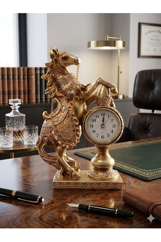 Dekoratif Sevgiliye Babaya Yöneticiye Özel Lüks Hediye At Heykeli Ev Ofis Masaüstü Saati 25x16 Cm Gold
