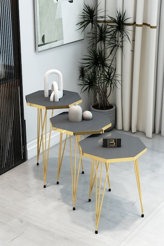 3'lü Sekizgen Zigon Sehpa Seti - Gold Metal Ayaklı, Modern & Şık Yan Sehpa, Dayanıklı Salon Ofis Antrasit