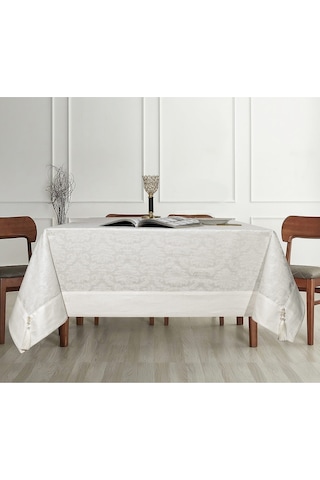 Pamuklu Damask Desen Krem Renk Lüks Masa Örtüsü 160x220cm