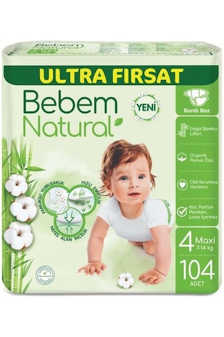 Bebem Bebek Bezi Natural Beden:4 7-14kg Maxi 208 Adet 4 Numara
