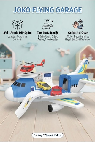 Uçak Otoparkım - 2'si 1 Arada Dönüşen Uçak Oyun Seti Ve Araç Bakım İstasyonu 32 Cm 2 Spor Araba + 1 Helikopter