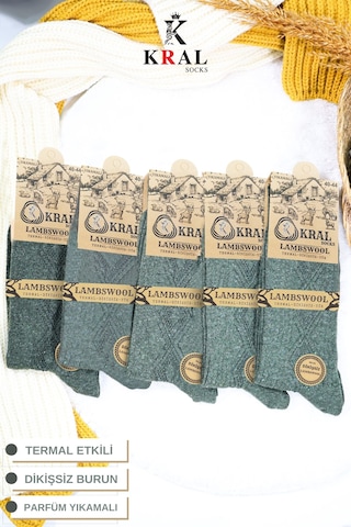 Kral Socks Erkek Kışlık Termal Etkili 5'li Paket Lambswool Kuzu Yün Çorap Haki