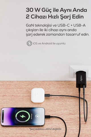 Hızlı Şarj Adaptörü 30w Pd Gan, Usb-c & Usb-a, İphone & Samsung Uyumlu, 55gr Siyah-v0102009
