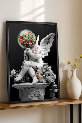 Pop Art Cupido Eros Melek Heykeli Grafiti Çerçeveli Tablo Sokak Sanatı Ofis İş Yeri Dekoru Modifiye Sanat