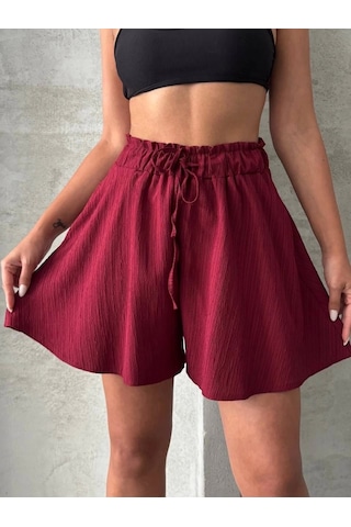 By Mop Volanlı Keten Şort Bordo S255058 Bordo