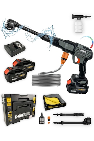 Dager AQUA FORCE 21V Kömürsüz Şarjlı Yüksek Basınçlı Yıkama Makinesi Seti | Çift 4.0 Ah Akü + Köpük Haznesi + Mikrofiber Havlu | 70 Bar