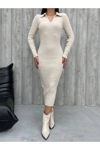 Msm Fashion Kadın Elbise Uzun Triko Kışlık Polo Yaka Likralı Kalem Elbise Bej