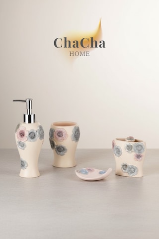 Lüks Seramik Banyo Seti 4 Parça Kabartmalı Floral Çeyizlik Dekoratif Banyo Takımı Pudra