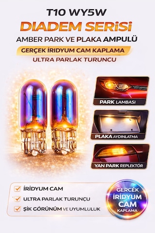 T10 Wy5w Diadem Serisi Amber Park Ve Plaka Ampulü, Gerçek İridyum Cam Kaplama, Ultra Parlak Turuncu