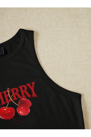Afri Kadın Siyah "Cherry" Baskılı Kolsuz Crop Atlet - Yazlık Sokak Stili Siyah