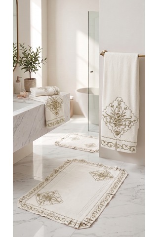 Saraylı Altın Taç Fırfırlı Krem Banyo Havlu Seti Açık Krem