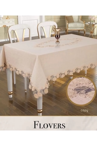 Storeşahin Flowers Model Keten 3d İşlemeli 160x260cm Kapiçino Dantelli Dekoratif Masa Örtüsü Shn0720