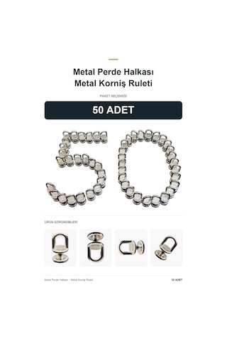 50 Adet - Metal Perde Halkası - Metal Korniş Ruleti Gümüş