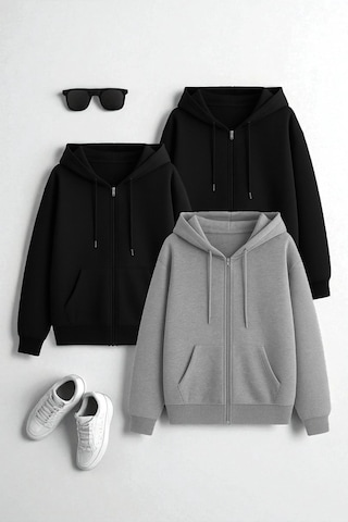 Uyguntarz Unisex Siyah & Siyah & Grifermuar Kapüşonlu Sweatshirt 3 Lü Fırsat Paketi Çok Renkli