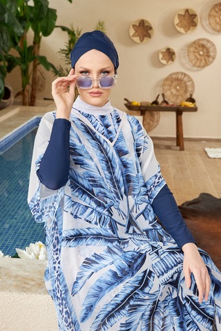 Remsa Mayo Tesettür Mayo Üzerine Desenli Tek Kaftan Pareo 430-301 Maldiv Mavi Mavi