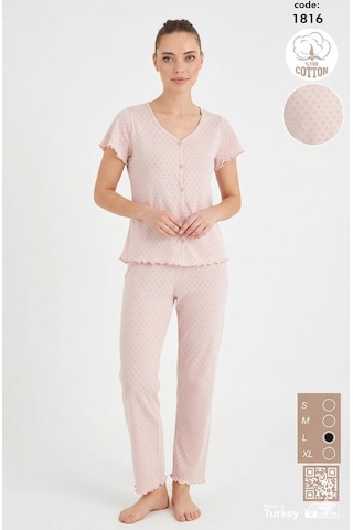 Seamlife Kadın %100 Pamuk Kalp Desenli Önü Düğmeli Kısa Kollu Pijama Takımı Pudra